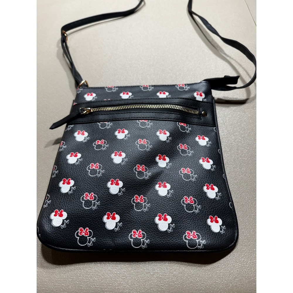 Disney‎ Minnie Mouse Crossbody Bag Black Faux Leather Front Zip Fast Forward NY